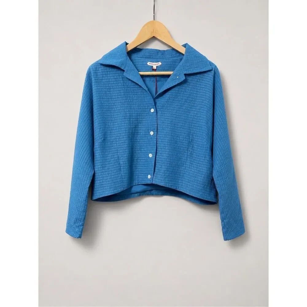NWT Frances Valentine Peggy Textured Blue Jacket Top Size L Button Front Cropped